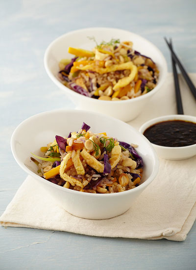 Arroz salteado con vegetales y tortilla de huevo