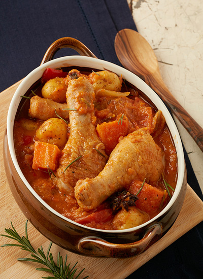Estofado de pollito de granja y papas